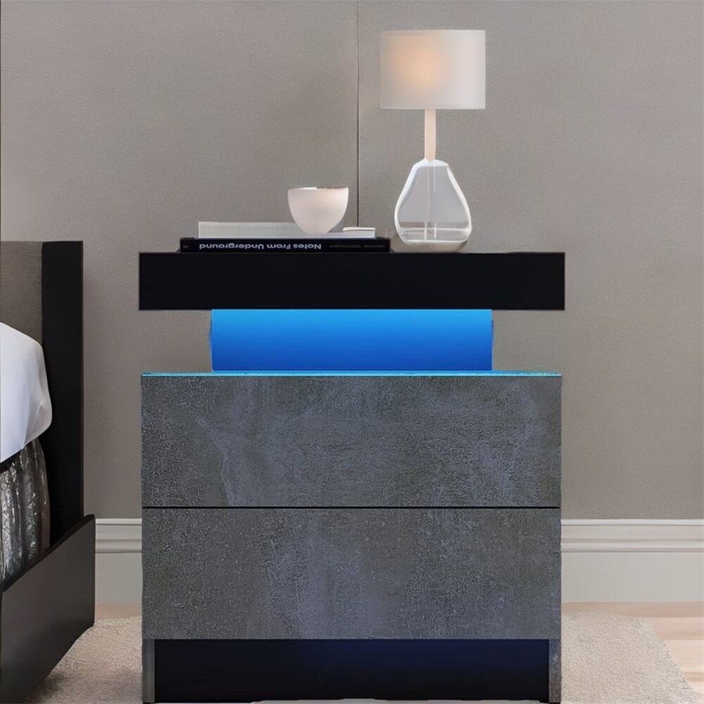 Modern Wood LED Nightstand with 2 Drawers