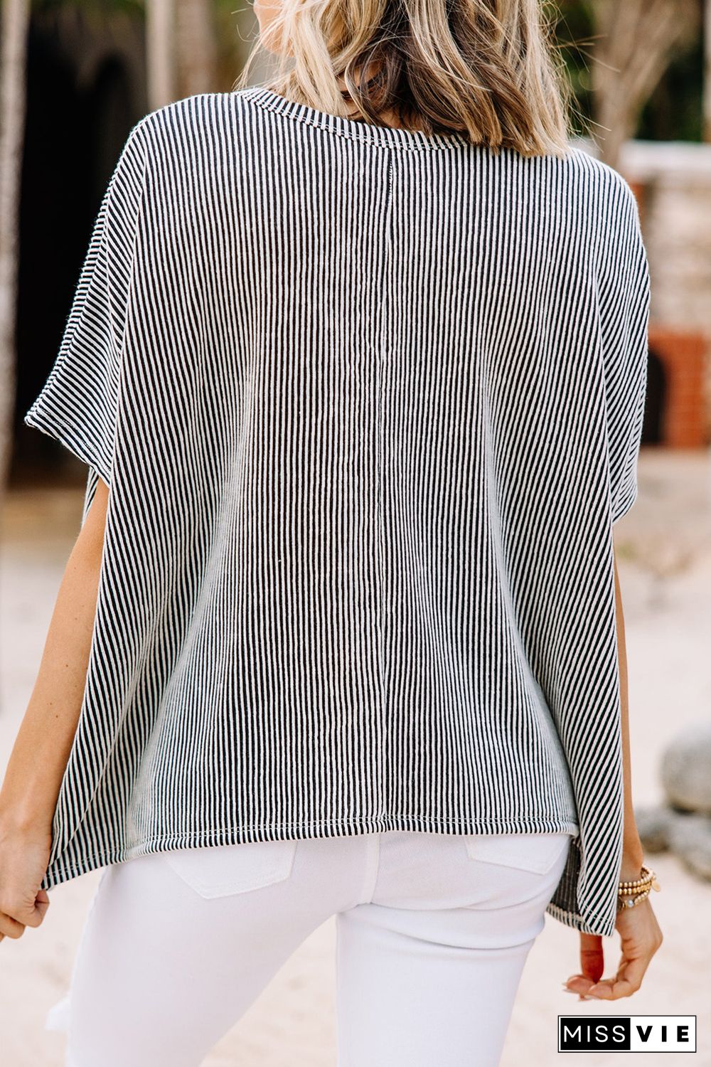 Gray Ribbed Knit Round Neck Relaxed Tee