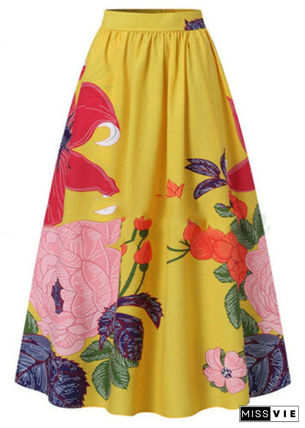 Bohemian Yellow -Black Print High Waist Pockets Floral Print Cotton A Line Skirt Summer