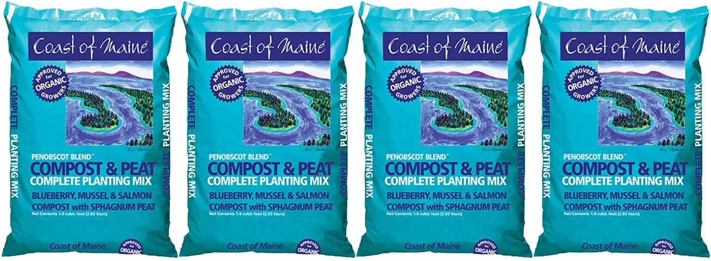 Coast of Maine OMRI Listed Penobscot Blend Organic Compost and Peat Potting Soil Mix for Container Gardens and Flower Pots, 1 Cubic Foot 4 Pack