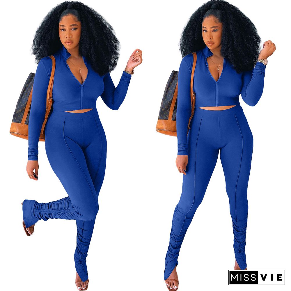 Long Sleeve Zip Crop Top Slim Pleated Pants Set