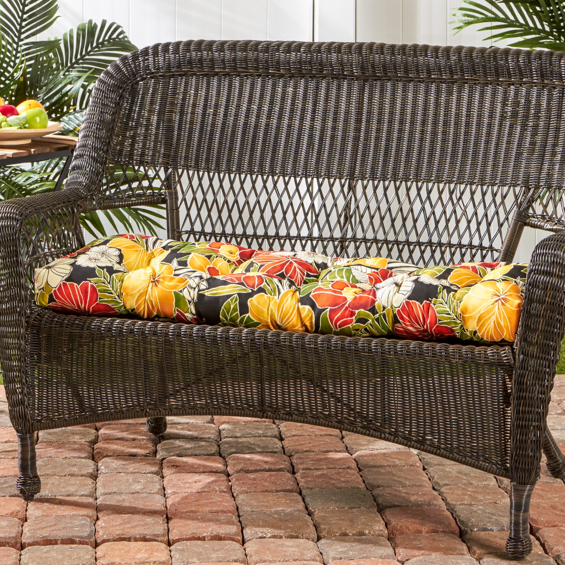 Greendale Home Fashions Aloha Black Floral 44 x 17 in. Outdoor Bench Seat Cushion