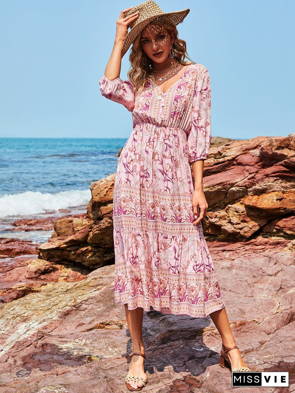 Button Up Elastic Waist Flowy V Neck Maxi Dress