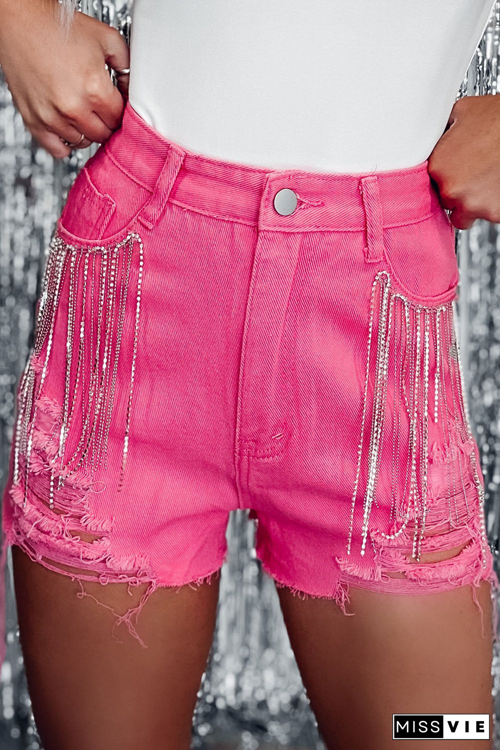 Rose Distressed Slim Fit High Waist Denim Shorts