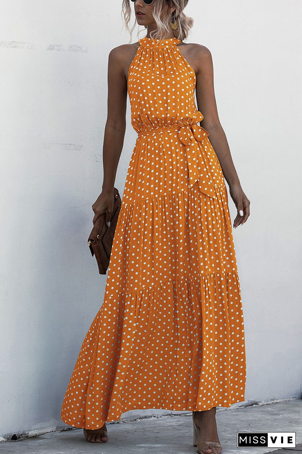 Halter Polka Dot Print Tie Waist Maxi Dress Wholesale