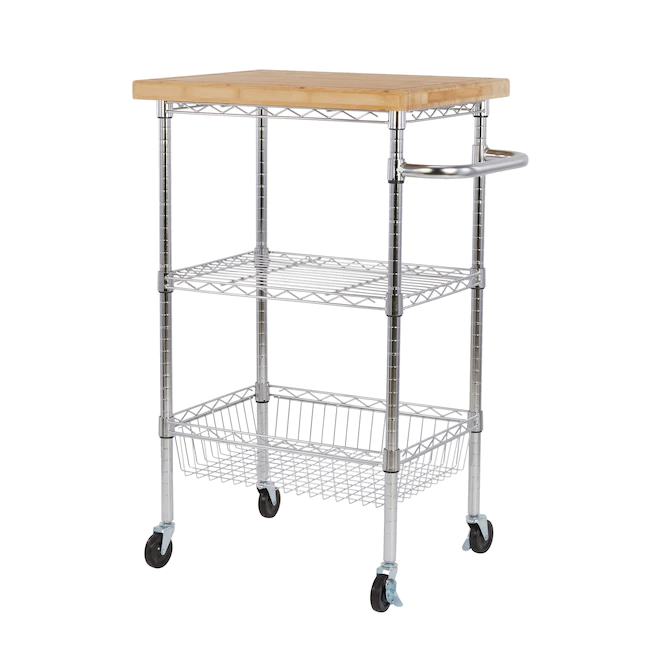 Style Selections Chrome Steel Base with Wood Top Rolling Kitchen Cart (24-in x 19.7-in x 38-in)