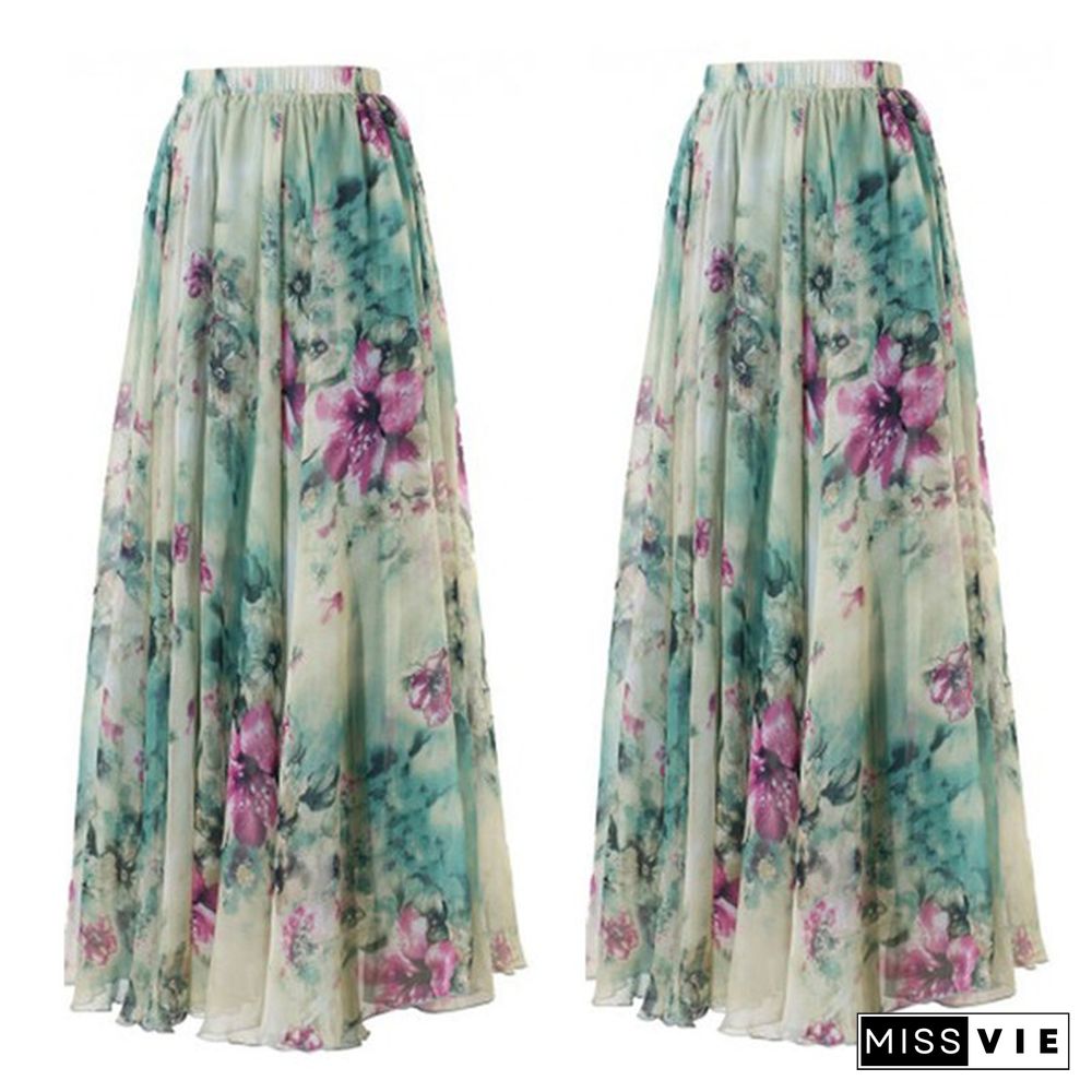 Women Floral Print Jersey Gypsy Long Maxi Skirt Summer Beach Sundress Beach