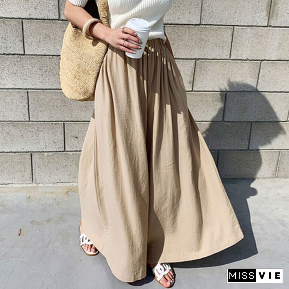 Summer Cotton Linen Pants For Women Vintage Loose Elastic Waist Wide LegTrousers Fashion Solid Color Pocket Chic Outwear