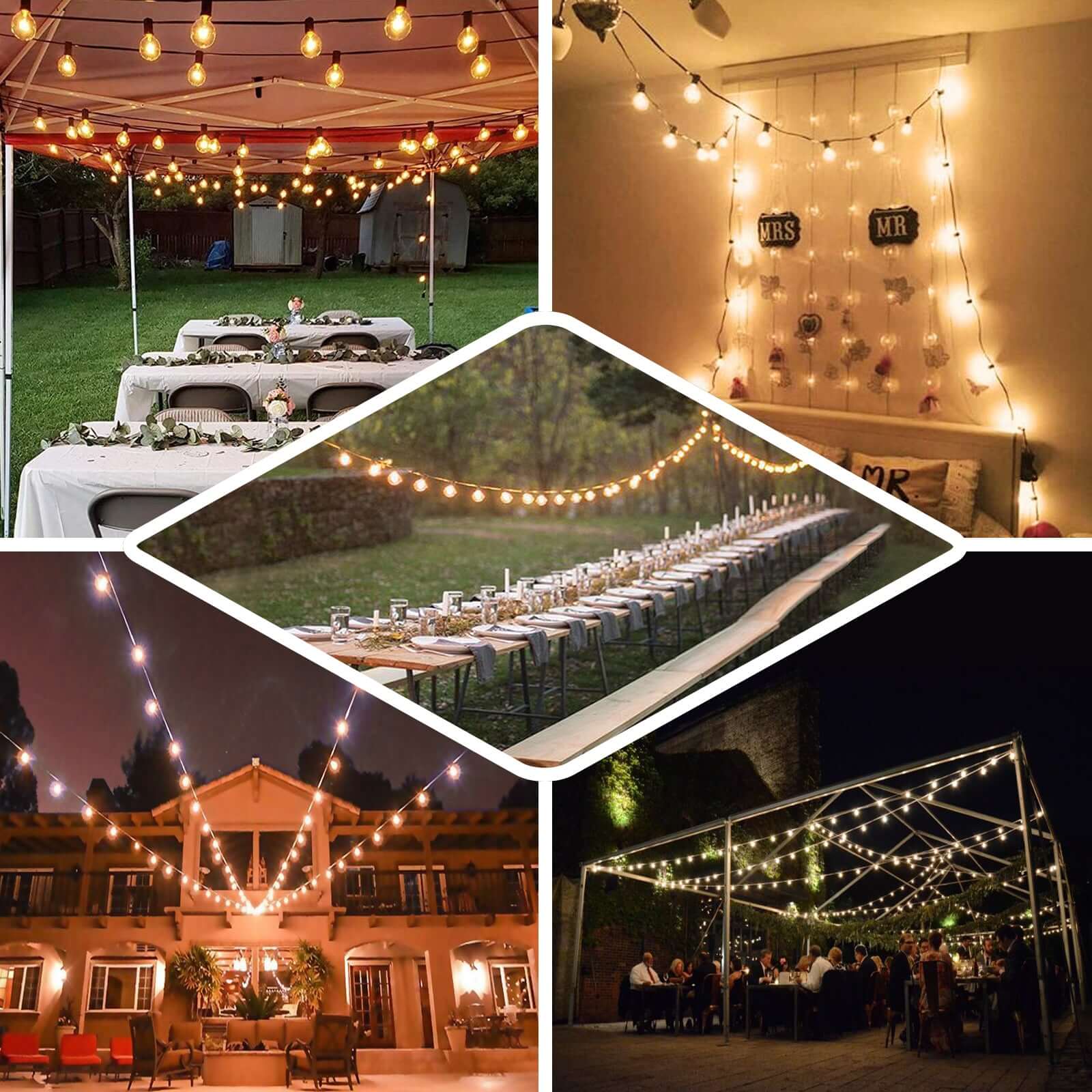 Warm White Connectable Hanging Outdoor or Indoor String Lights, Waterproof 120V With 28 Incandescent Glass Light Bulbs 25ft