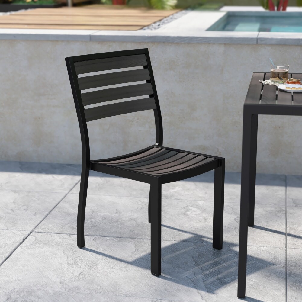 2 Pack Outdoor Faux Teak Side Chair with Poly Slats   Teak Patio Chair