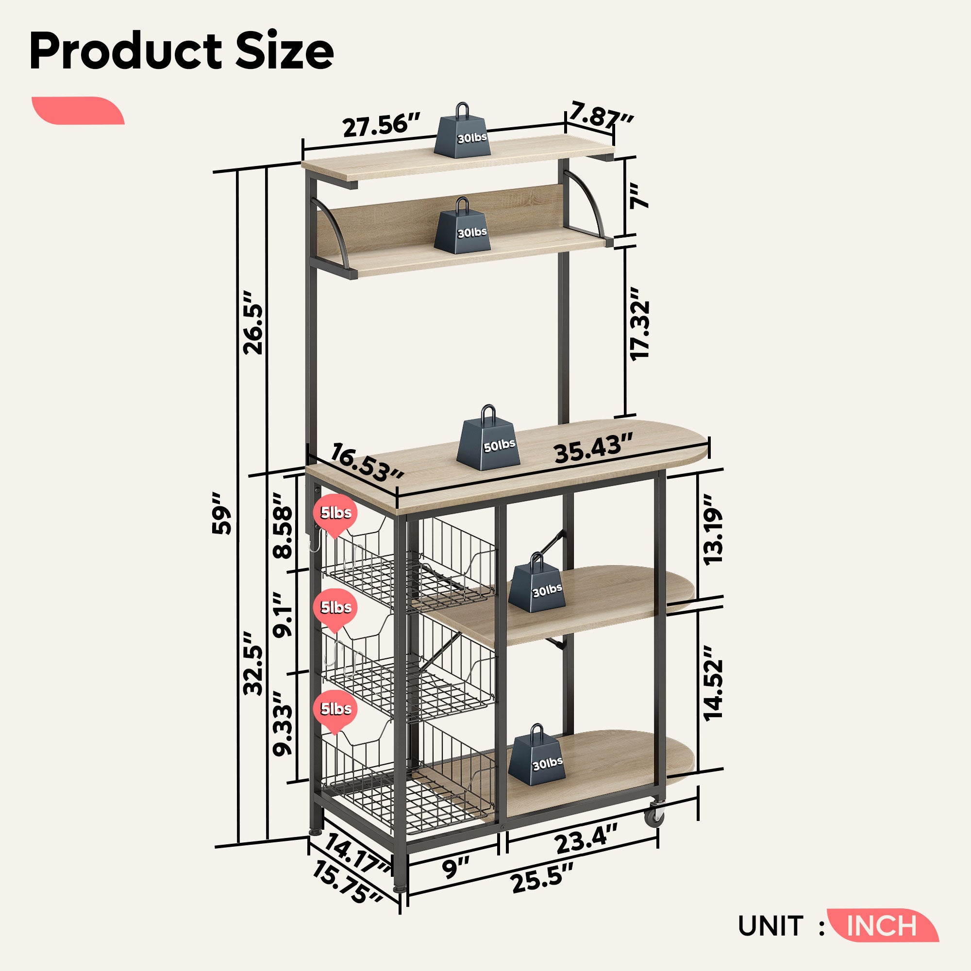 Bestier 4 Tier Kitchen Storage Baker's Rack and Coffee Station, Oak (Open Box)