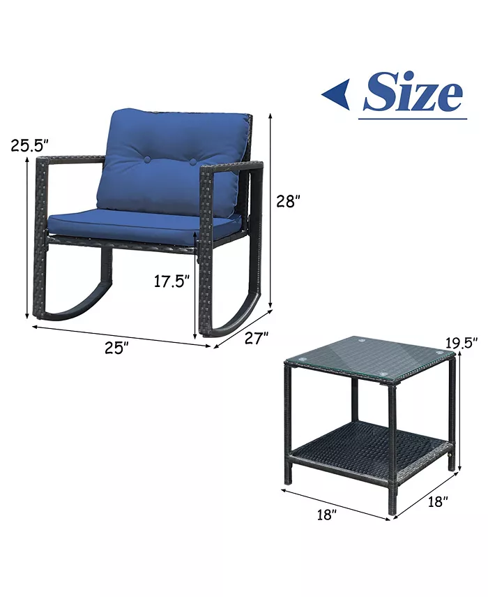 Costway 3PC Patio Rattan Conversation Set Rocking Chair Cushioned