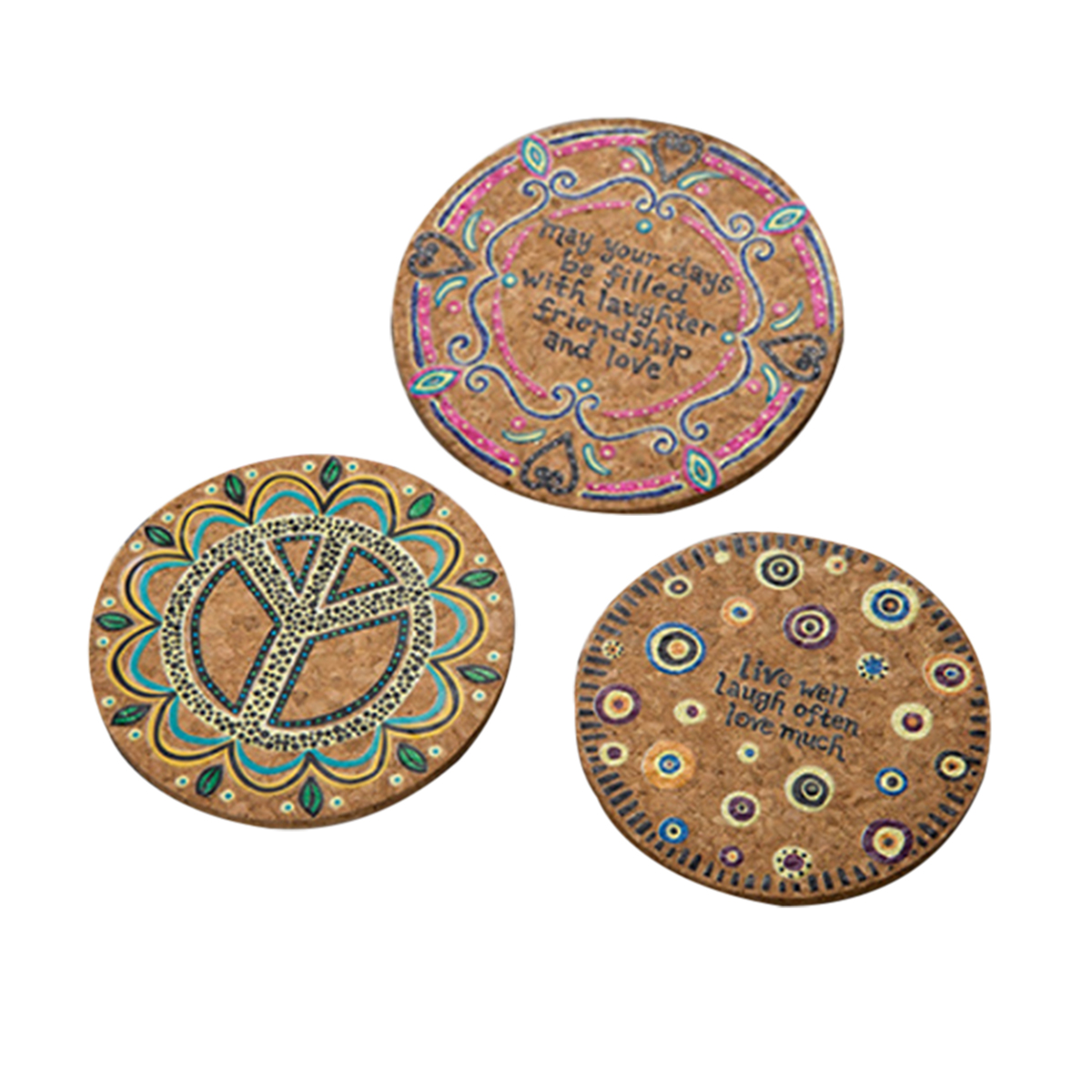 OUNONA 4 Pcs Round Natural Cork Coasters Heat Resistant Patterned Mats Tabletop Protection Drink Coasters(Mixed)