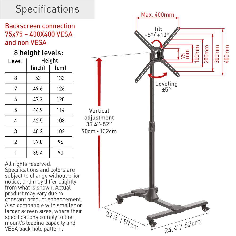 Barkan a Better Point of View Barkan 13 in.- 65 in. Tilt Mobile TV Mount Cart Black Patented to Fit Various Screen Types Fall Proof SW310H