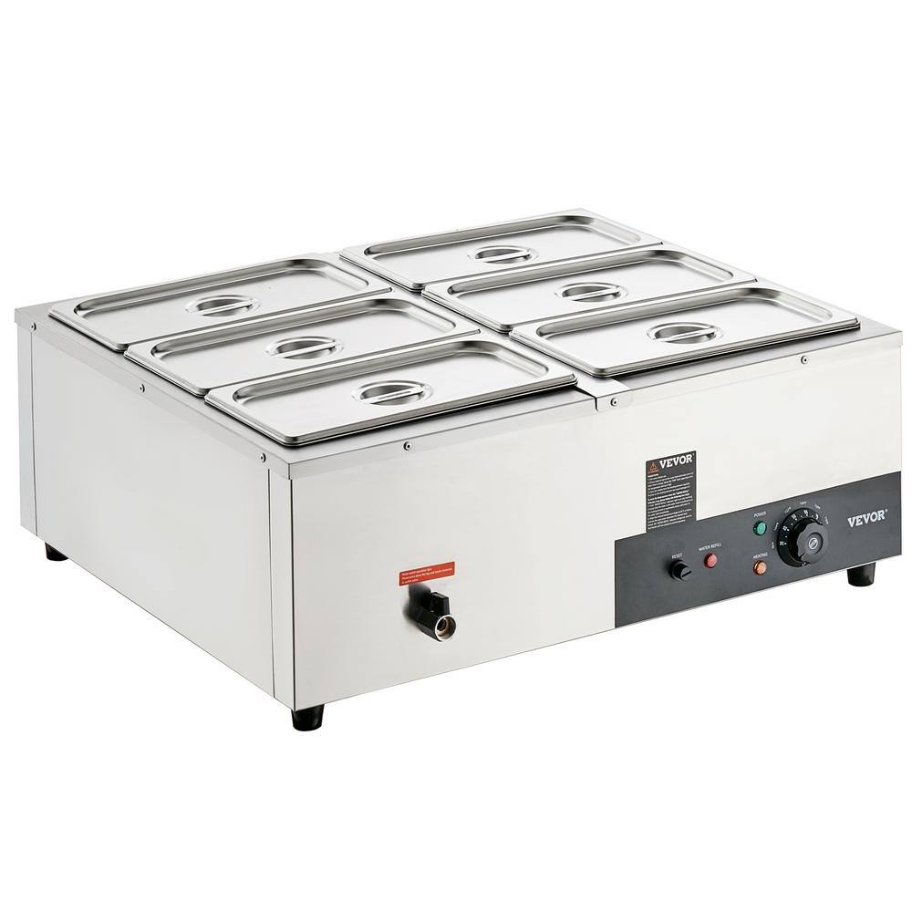 VEVOR 6-Pan Commercial Food Warmer 6 qt. x 8 qt. Electric Steam Table 1200 Watt Countertop Stainless Steel Buffet Bain Marie BWT668QT1200WEPJYV1