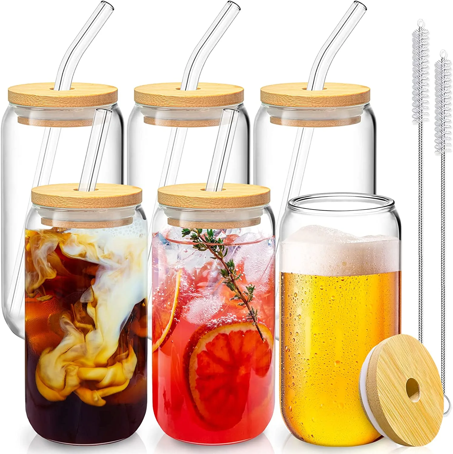 6 Pcs Drinking Glasses with Bamboo Lids and Glass Straw - 16 Oz Can Shaped Glass Cups Beer Glasses Ice Coffee Glasses Cute Tumbler Cup Great for Soda Boba Tea Cocktail Include 2 Cleaning Brushes