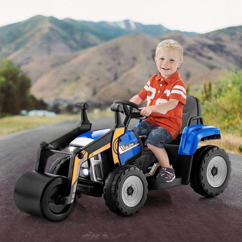 12V Kids Ride On Road Roller with Drum Roller, Battery Powered Electric Tractor RC Construction Vehicle