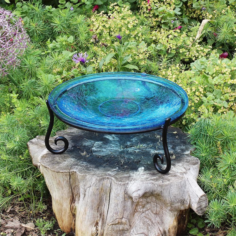 Achla Designs 14 in. Dia Teal Blue Reflective Crackle Glass Birdbath Bowl with Short Stand II CGB-14T-S2