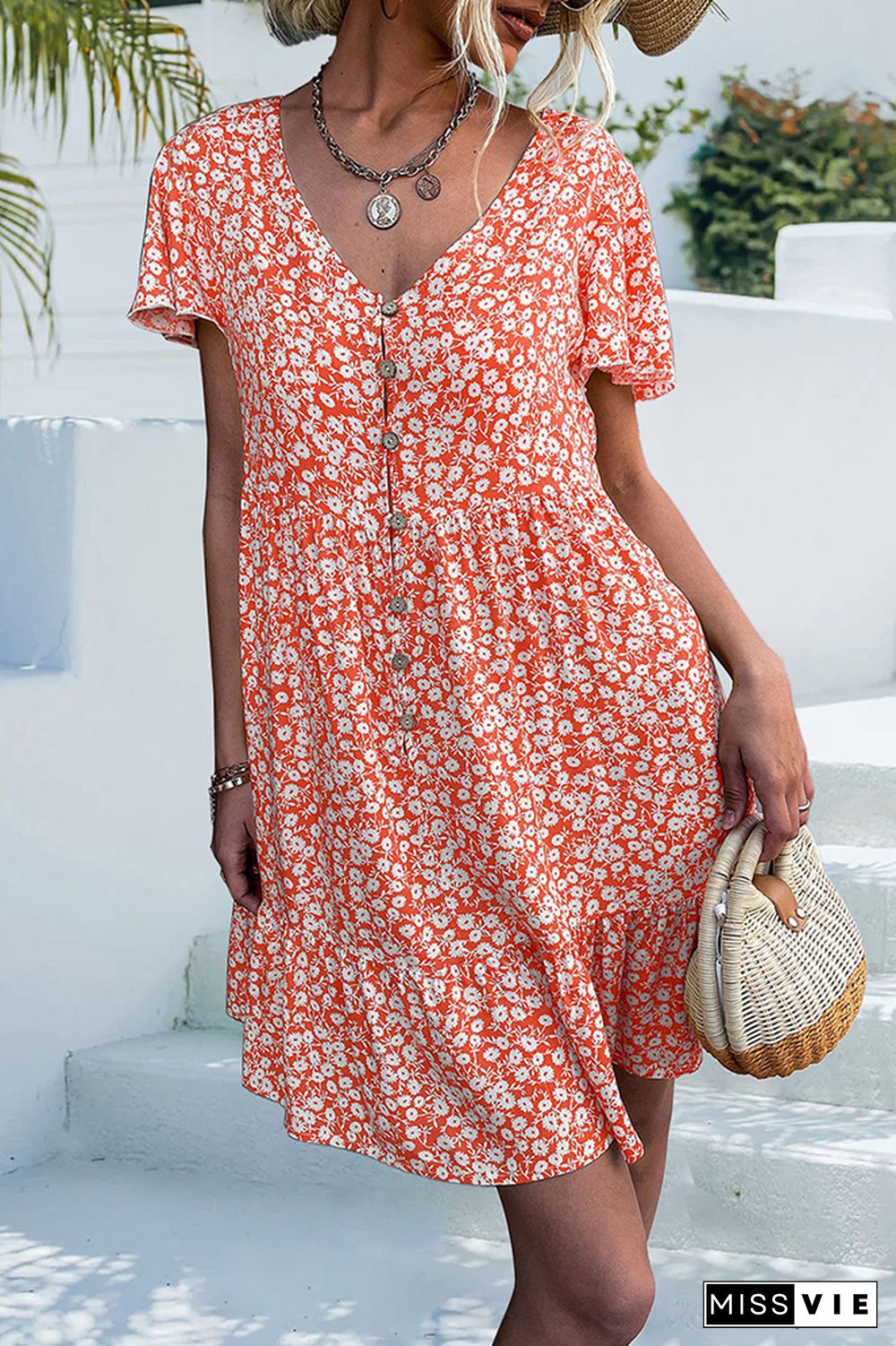 V Neck Button Short Sleeves Floral Dress