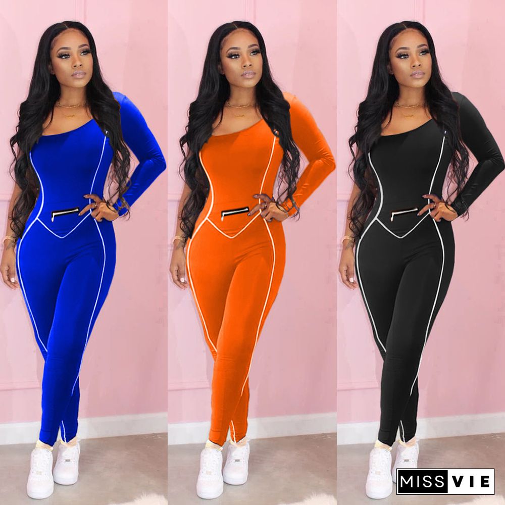 Casual Solid-color Slanted One-shoulder Sport Jumpsuit