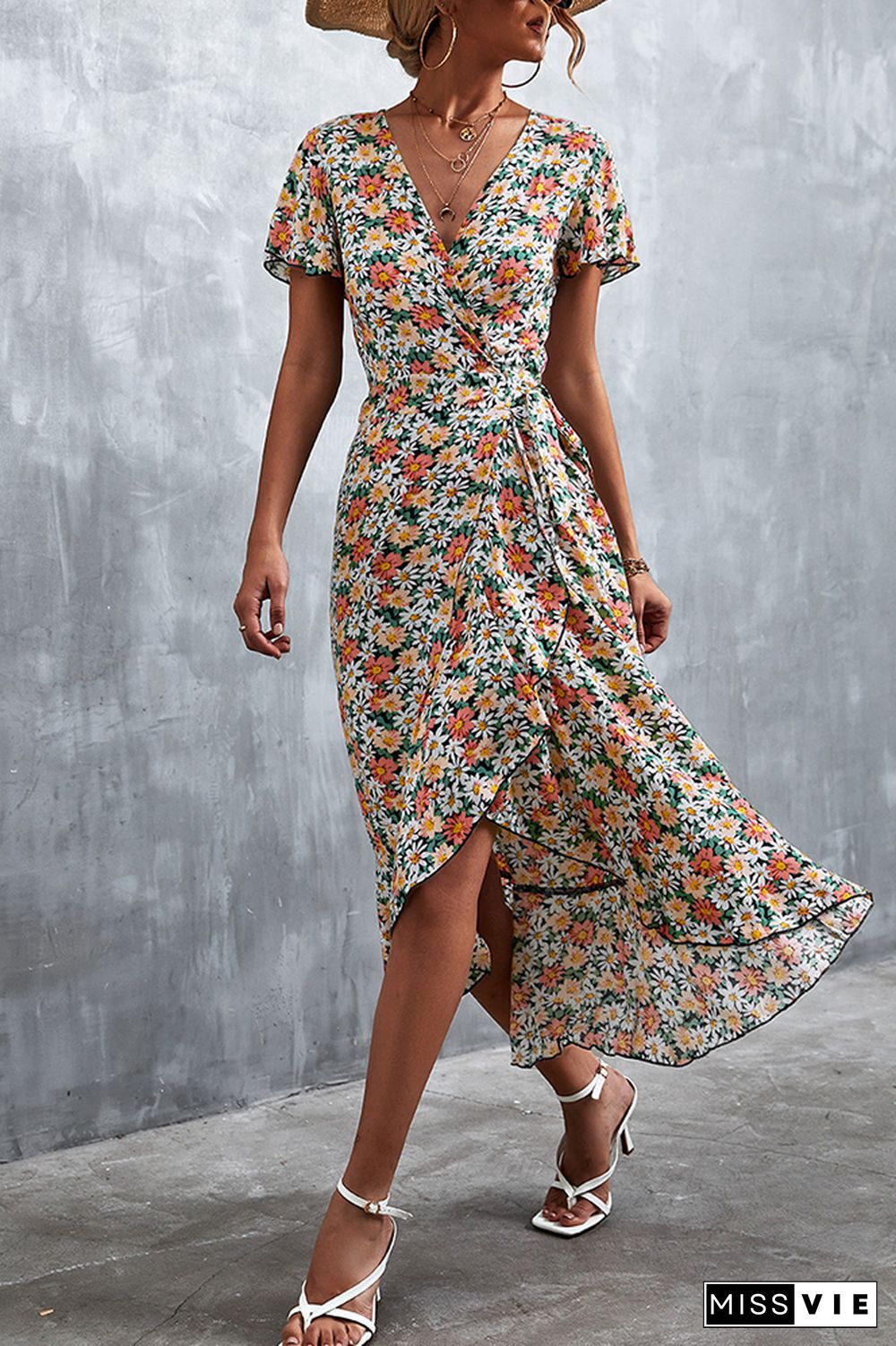 Floral Print V Neck Short Sleeve Dress Wholesale