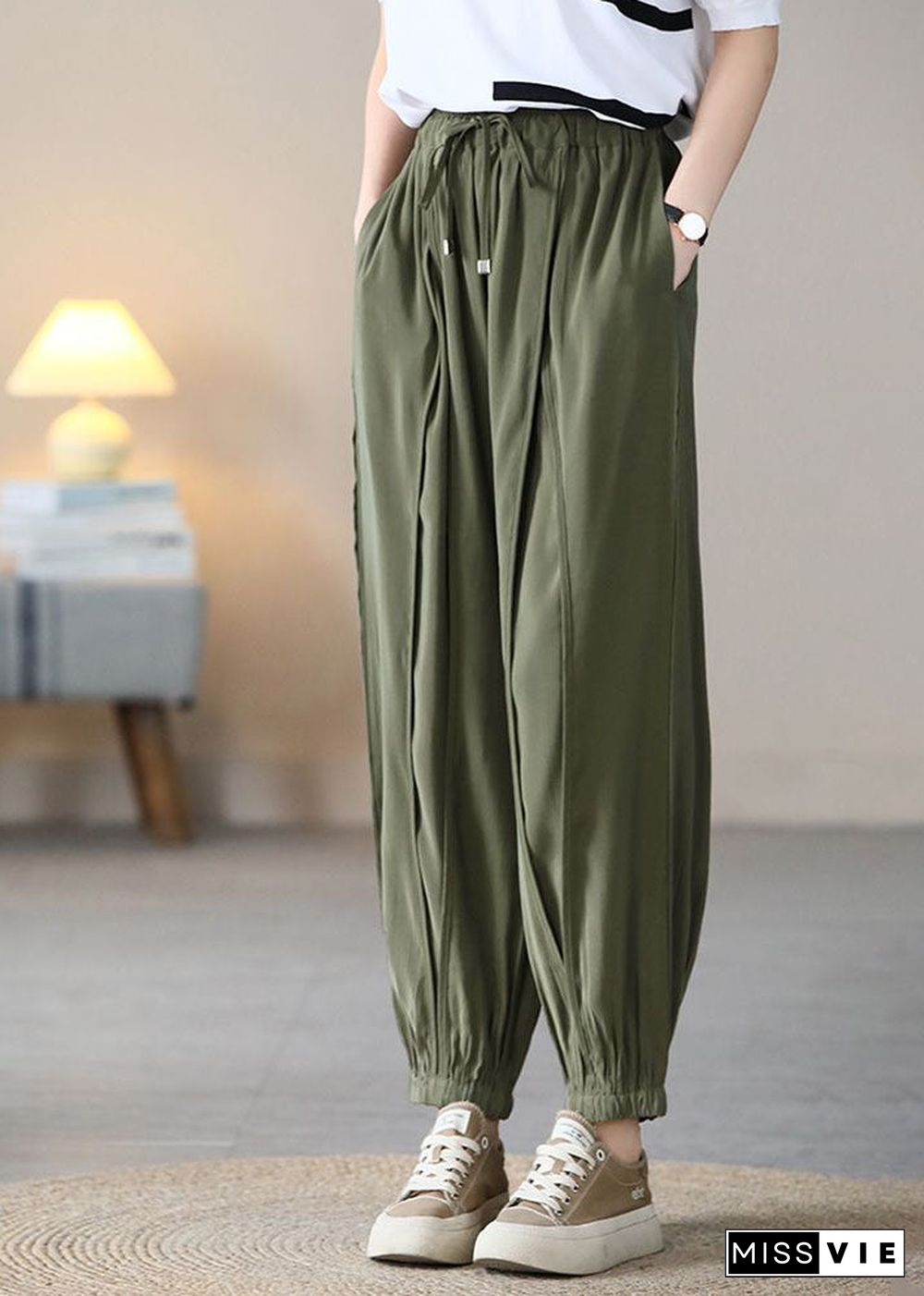 Army Green Solid Silk Crop Pants Elastic Waist Wrinkled Fall