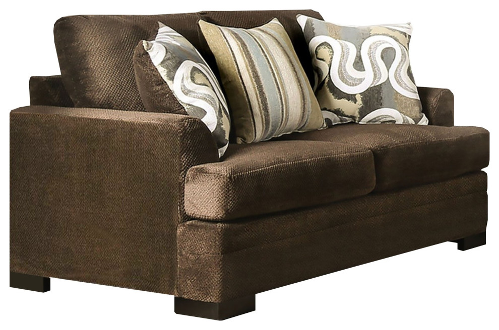 Loveseat With Fabric Upholstery And Accent Pillows  Brown   Transitional   Loveseats   by VirVentures  Houzz