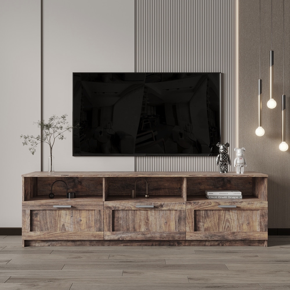 Modern TV Cabinet Stand for 80 inch TVs  Double Level Storage with 3 Open Spaces  3 Drawers