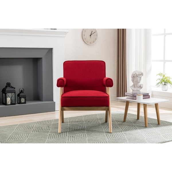 Leisure Armchairs with Solid Wood Armrest and Feet， Mid-Century Modern Accent Chair， for Livingroom Bedroom Chair， Red