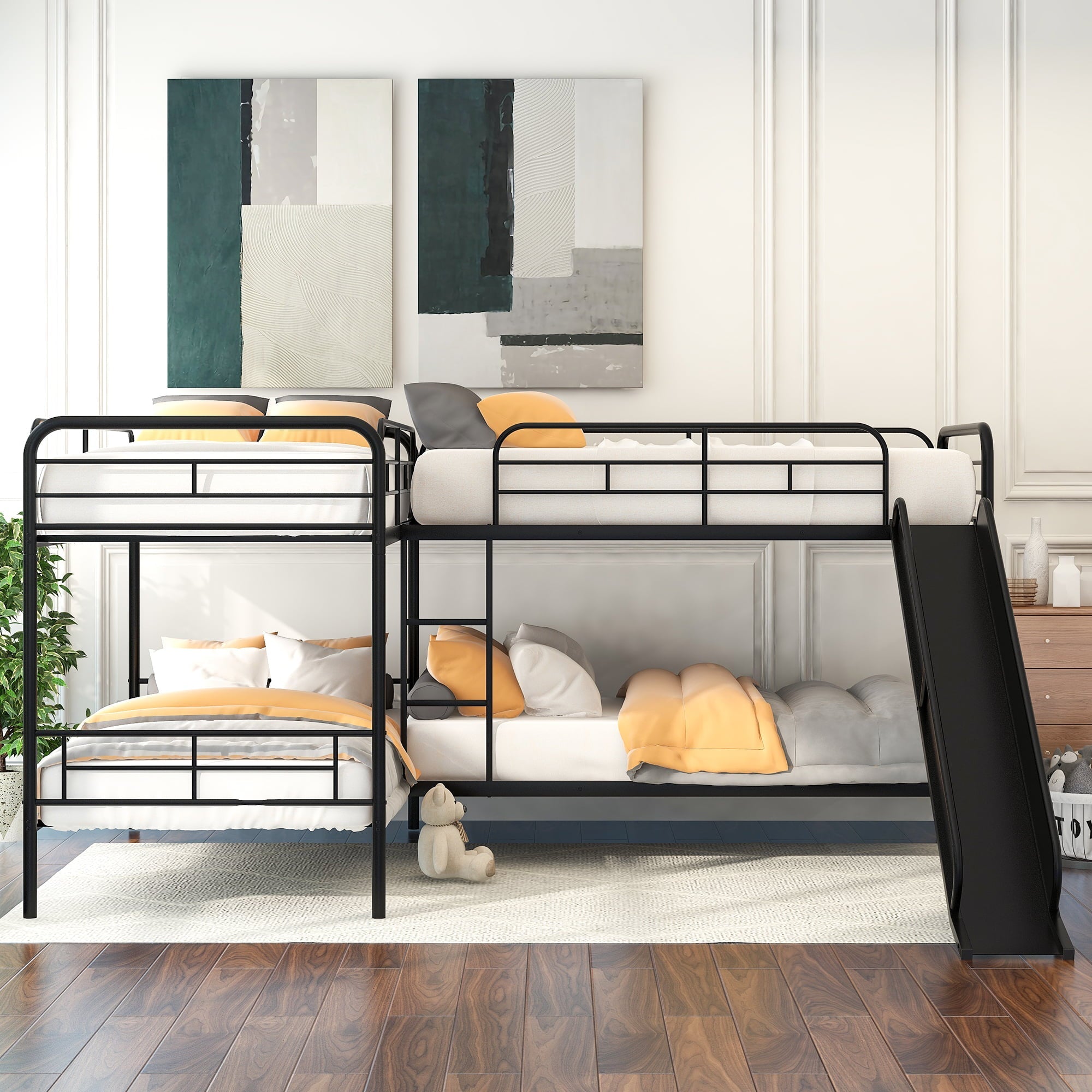 Modern Meta Twin L-Shaped Quadruple Bunk Bed for Kids Bedroom, Black