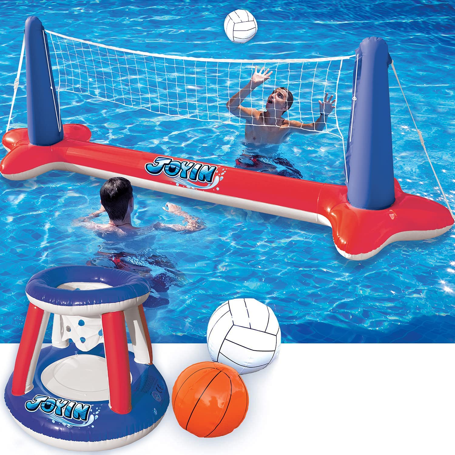 Clearance - Inflatable Volleyball Net & Basketball Hoops Red & Blue Pool Float Set