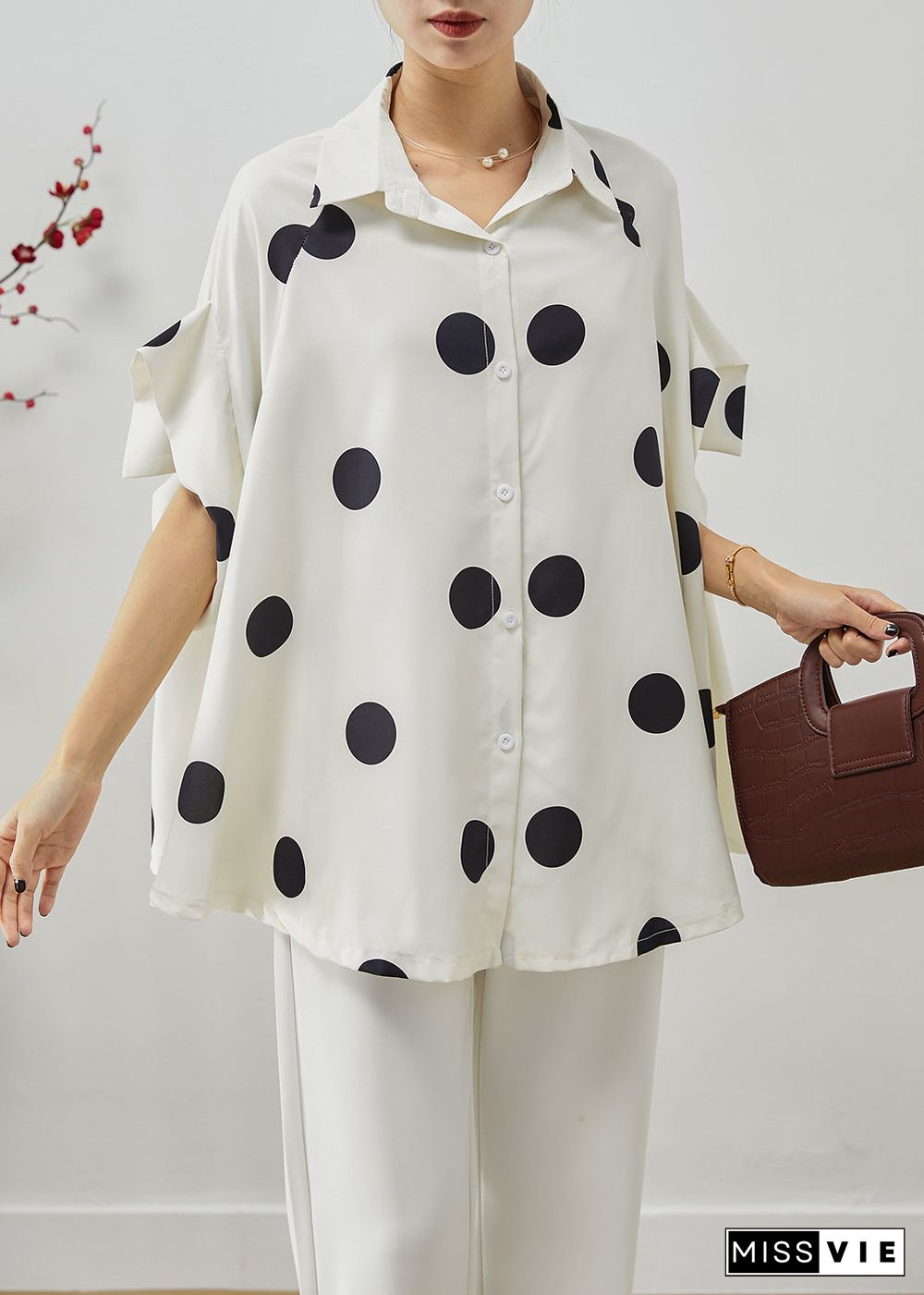 French White Oversized Print Spandex Shirt Top Batwing Sleeve