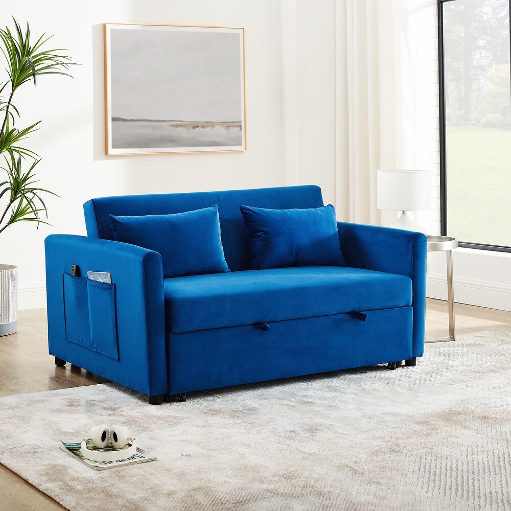 Velvet Upholstered Pull out Sleeper Sofa Convertible Sofa Bed with Adjustable Backrest  Lumbar Pillows and Side Pockets