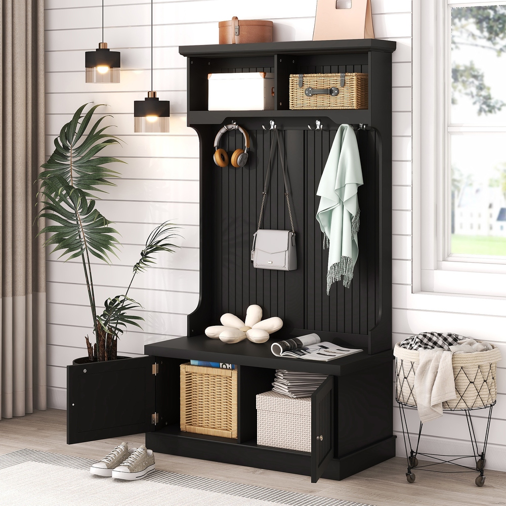 4 in 1 Hall Tree Coat Racks with Storage Shoe Bench  Stripes Wardrobe Display Cabinet for Entryway Storage Bench  Black