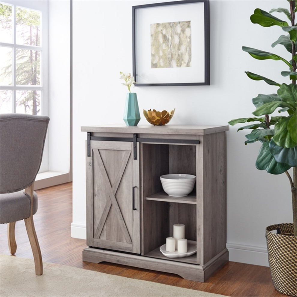 Pemberly Row 32 quotFarmhouse Sliding Barn Door Wood Accent Chest in Gray Wash   Transitional   Accent Chests And Cabinets   by Homesquare  Houzz