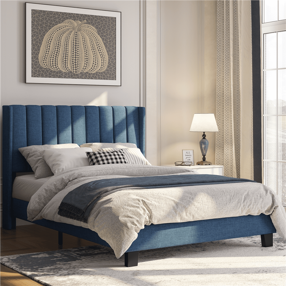 Yaheetech Upholstered Wingback Platform Bed with Support and Mattress Foundation, Full Size, Navy Blue