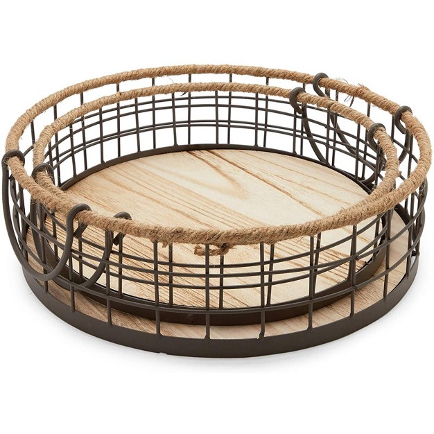 Juvale 2 Pack Round Wooden Wire Basket Trays With Handles Farmhouse Decor 2 Sizes