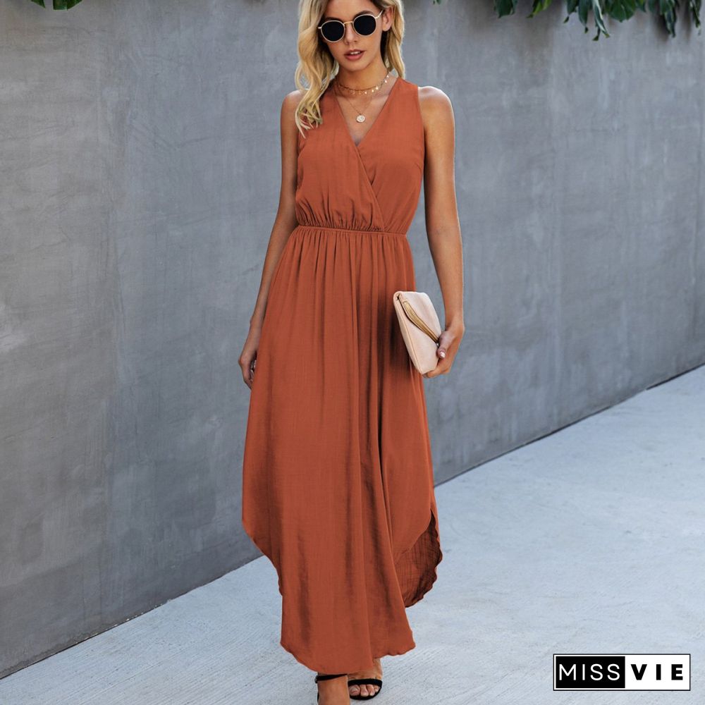 V Neck High Waist Sleeveless Maxi Dress