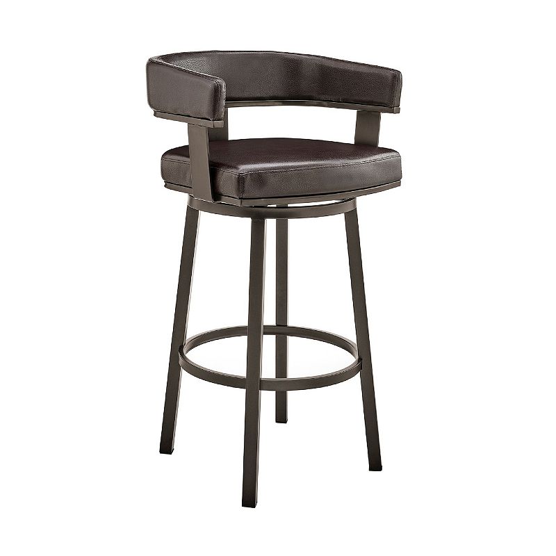 Swivel Barstool with Curved Open Back and Metal Legs， Dark Brown