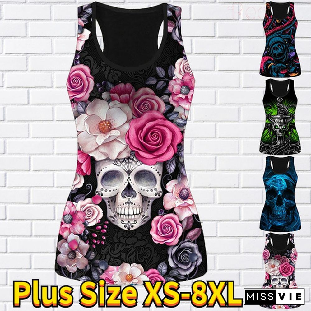 Women's Fashion 3D Skull Print Hollow Out Tank Top Summer Sleeveless Graphic Punk Shirt Slim Fit Cotton Gothic Tee Tops Plus Size Vest XS-8XL