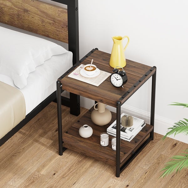 Farmhouse End Table， 19.6 Inch Sofa Side Table with 2-Tier Storage， Square End Table with Sturdy Frame