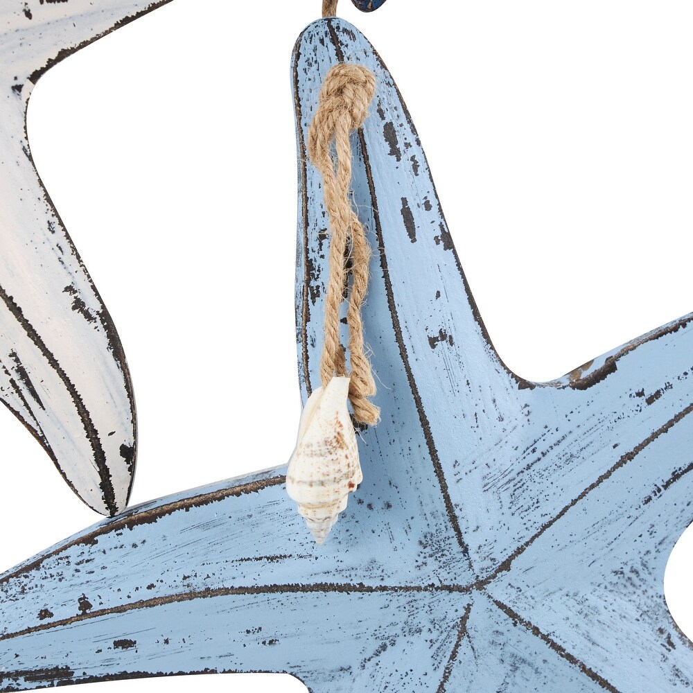 Blue Wooden Distressed Layered Starfish Wall Decor with Hanging Rope and Decorative Shell Accents