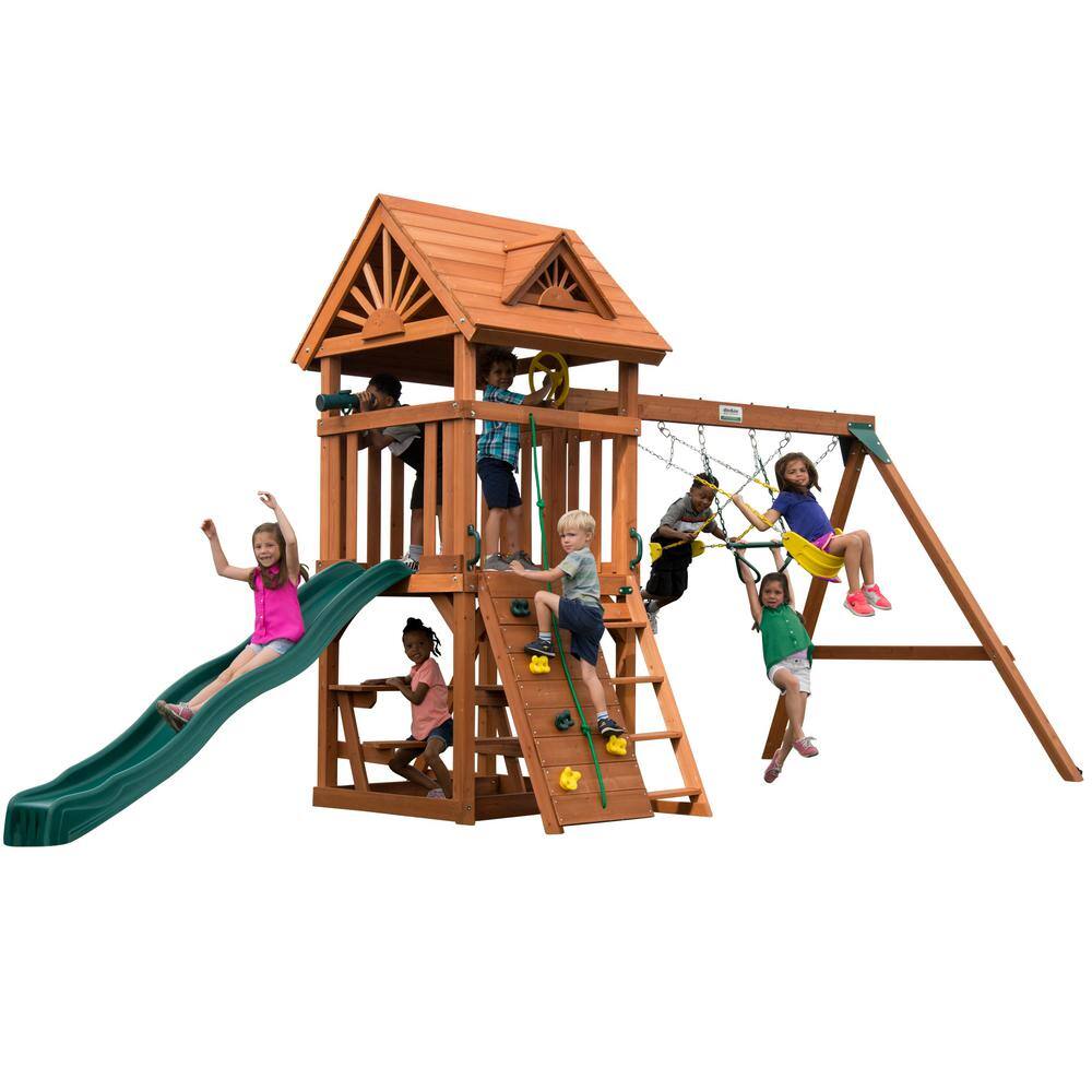 Swing-N-Slide Playsets Professionally Installed Sky Tower Complete Wooden Outdoor Playset with Slide Swings and Swing Set Accessories 6036