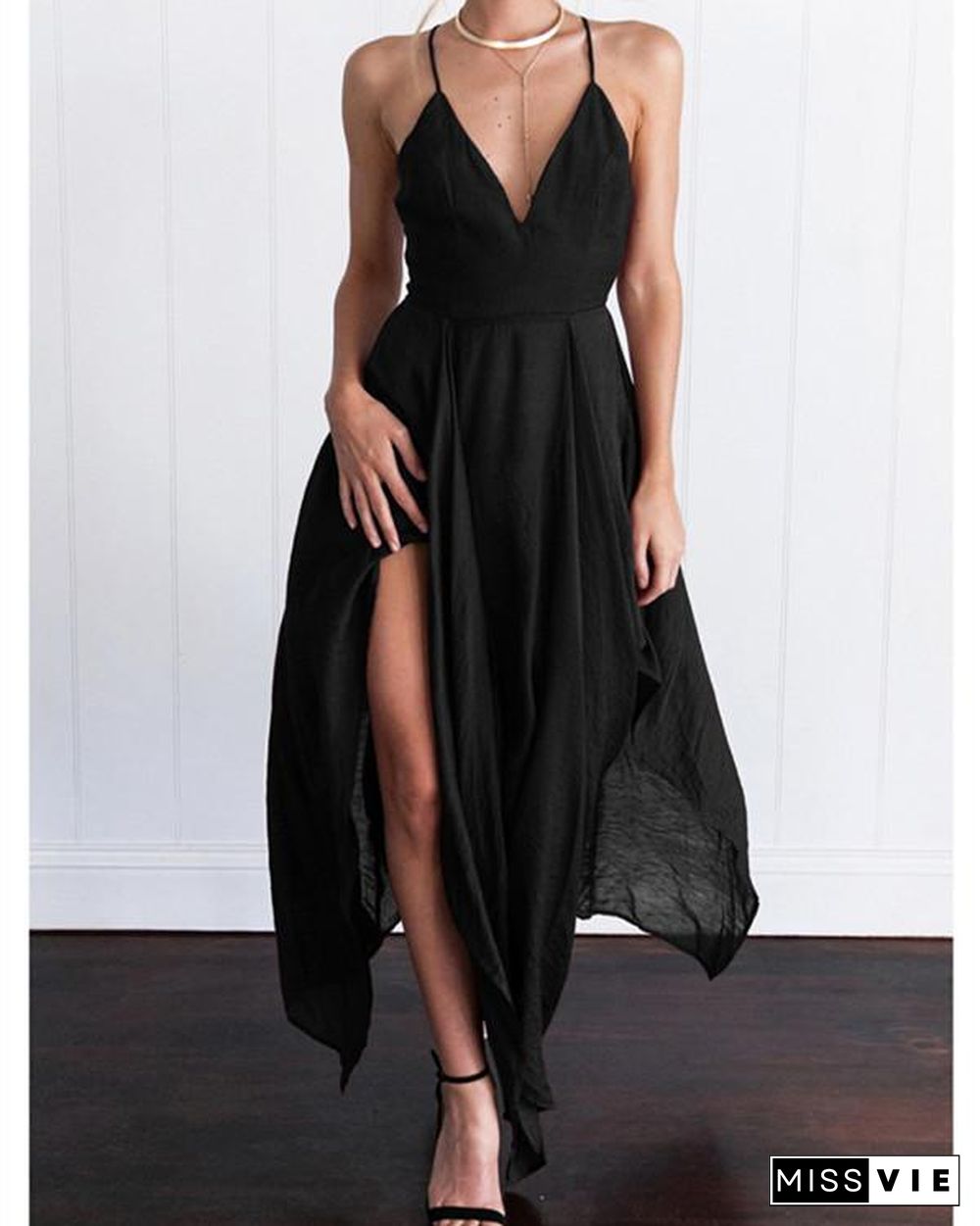 Spaghetti Strap Asymmetric Hem Backless Plain Sleeveless Maxi Dresses