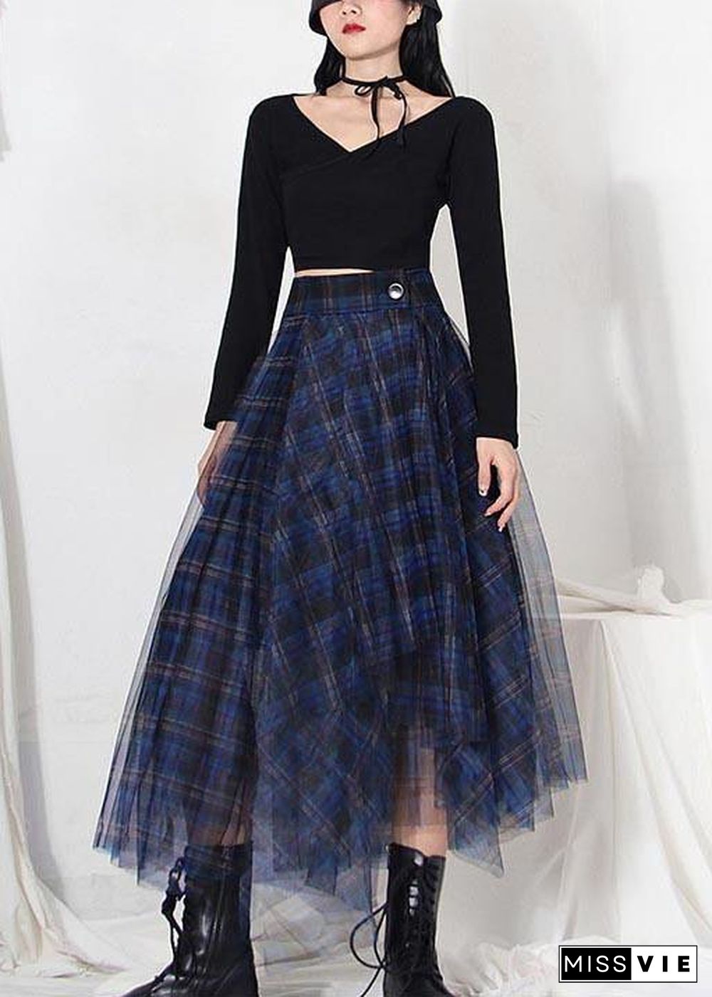 Fine Blue Plaid Button Asymmetrical Summer Skirt