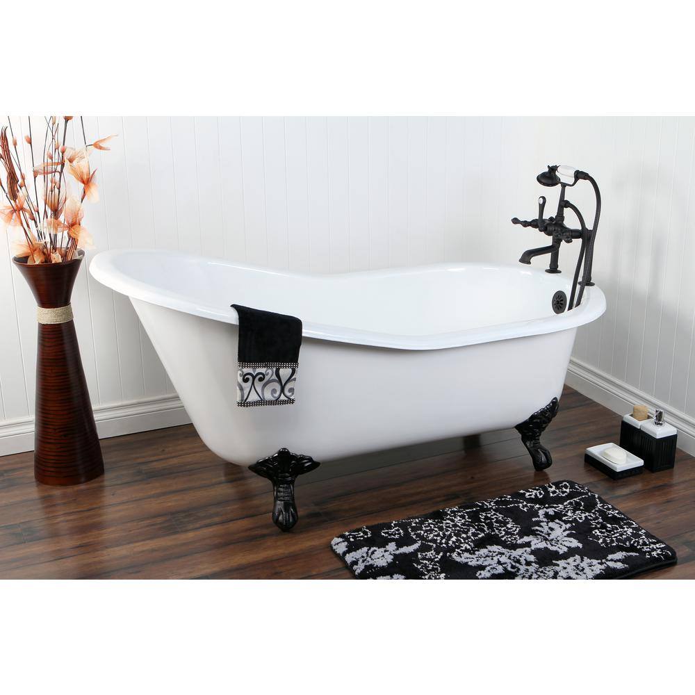 Aqua Eden Slipper 62 in. Cast Iron Clawfoot Bathtub in White with Faucet Combo in Oil Rubbed Bronze YKCT7D653129C5