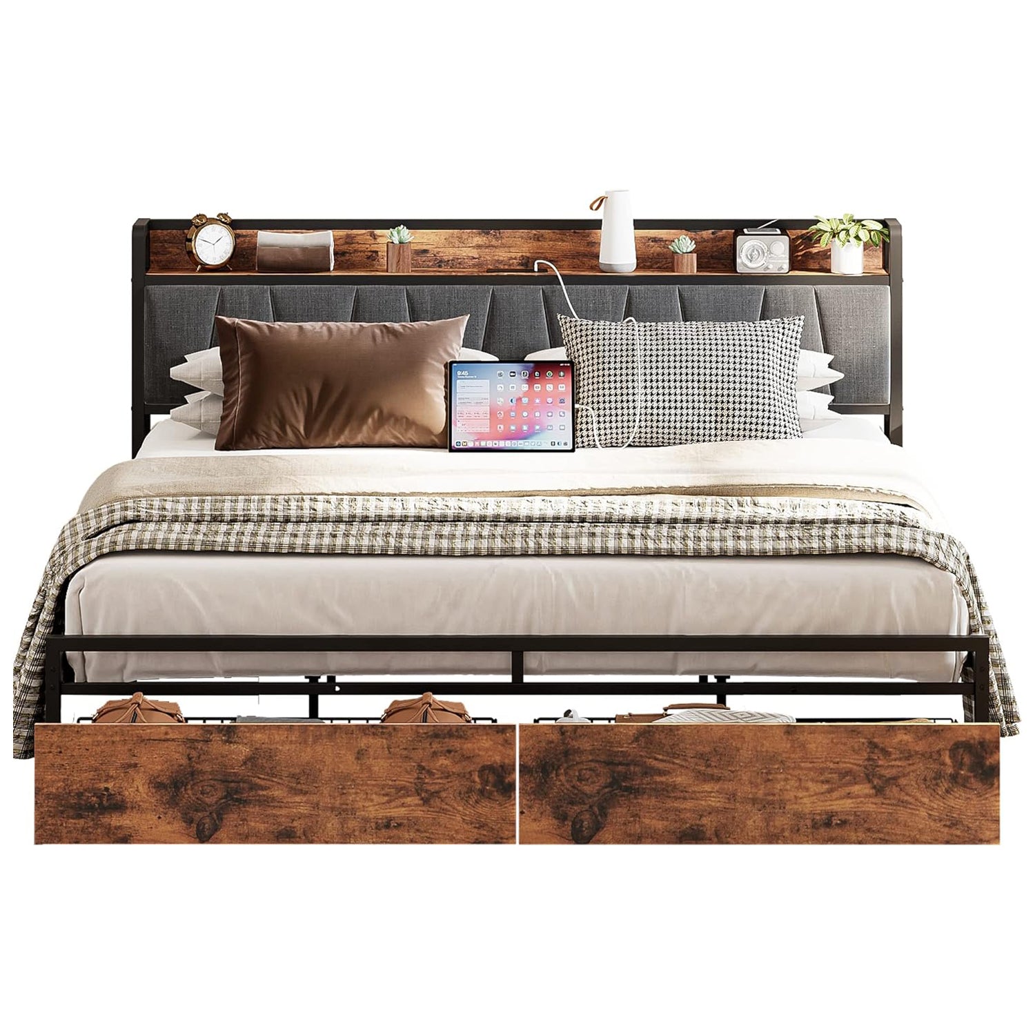 Platform Bed Frame with Storage Headboard, Charging Station and Drawers