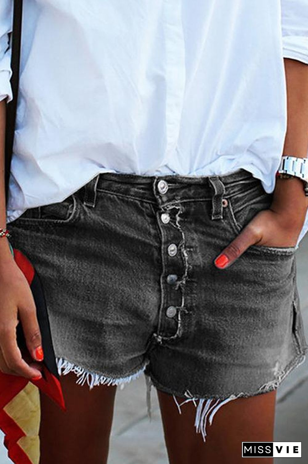 Button Raw Edge Denim Shorts