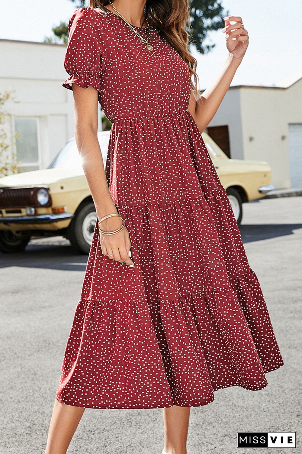 Polkadot Print Puff Sleeve Long Dress Wholesale