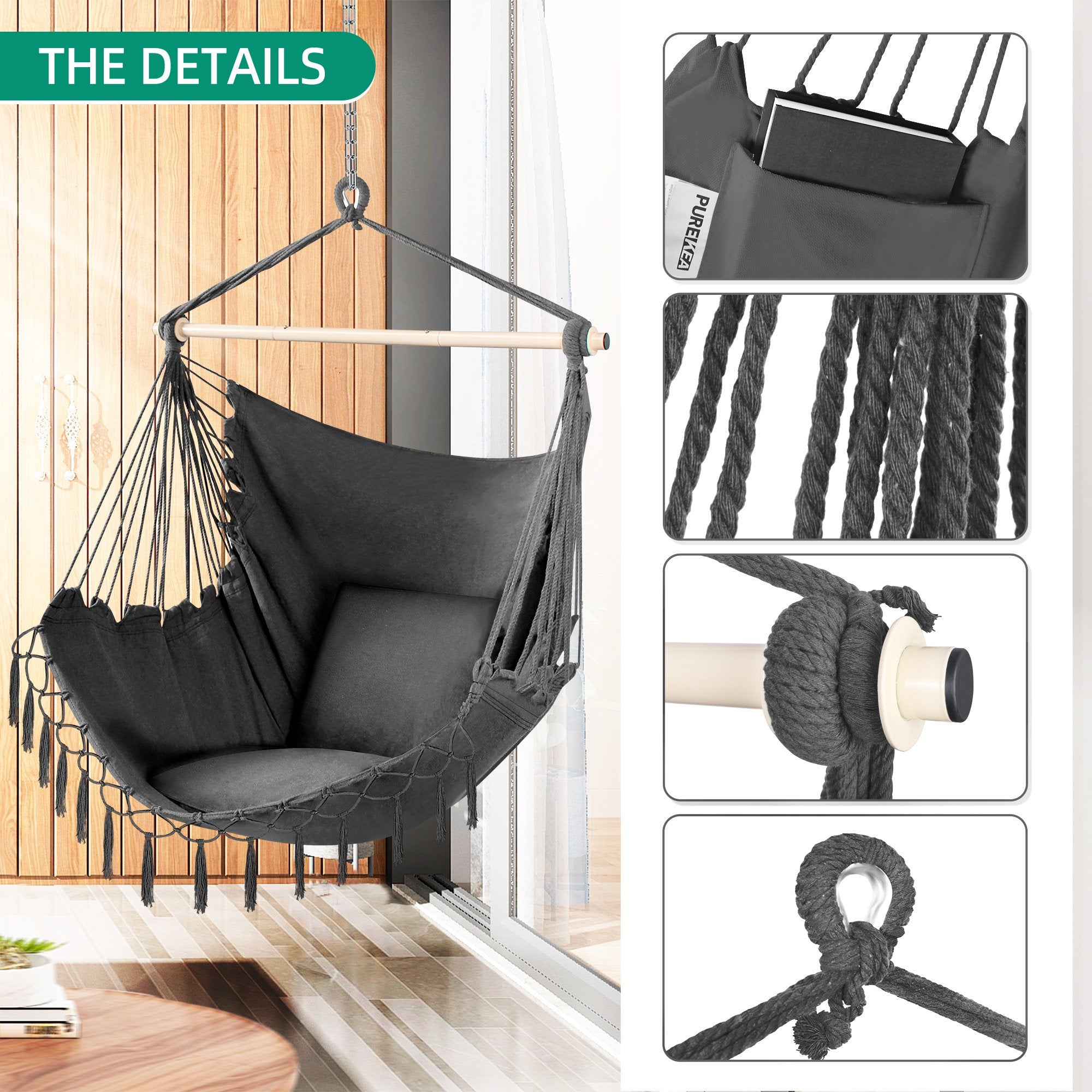 Hammock Chair, Hanging Rope Swing Seat for Indoor Outdoor Dark Gray